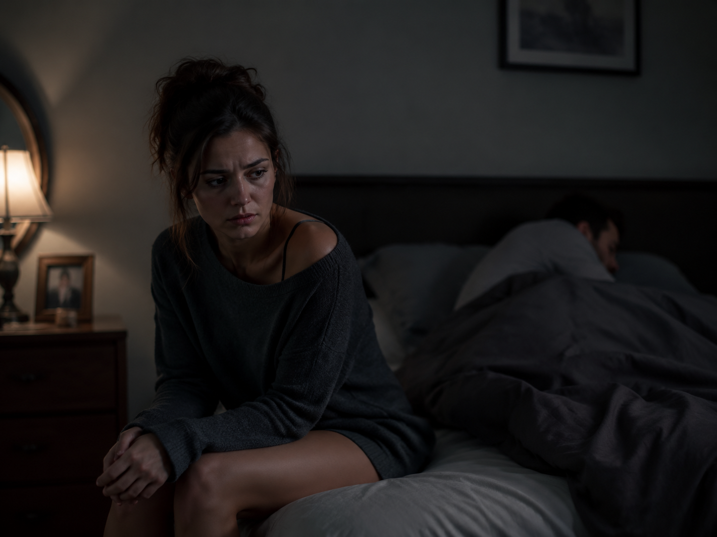 Woman sitting on bed looking emotionally distant