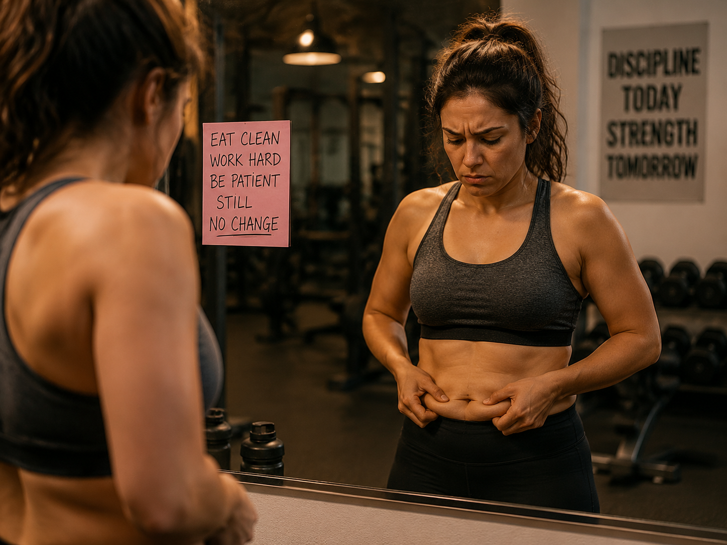 Woman looking frustrated at reflection