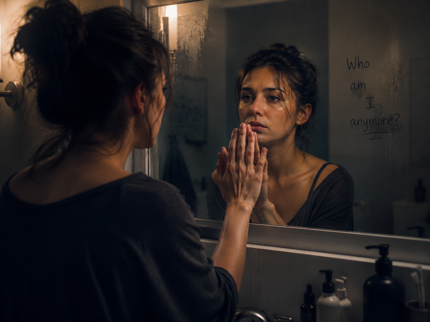 Woman looking in mirror searching for herself